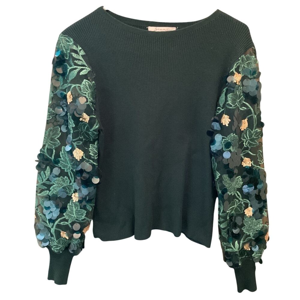 Sioni Milano Sweaters Small Sioni Emerald Green Embroidered Sequined Sweater - Picture 3 of 4